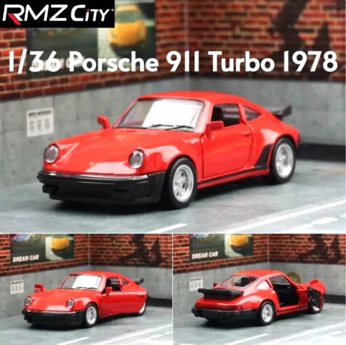Red 1/36 Porsche 911 Turbo sports car diecast model, front 3/4 view