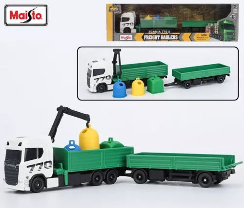 Diecast freight hauler truck with green flatbed, white cab, yellow and green tanks