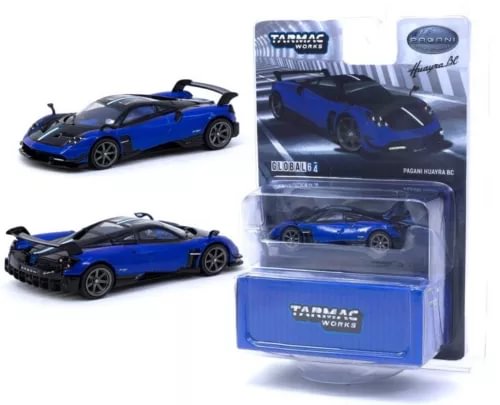Blue 1:64 diecast model car with black accents, open box packaging.