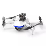 Folding mini drone with four propellers and HD front camera, white with blue accent ring