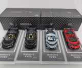 1/64 scale diecast toy car display case with four cars: black, white, red