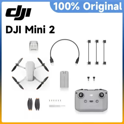 DJI Mini 2 quadcopter drone with controller and accessory parts, white and gray