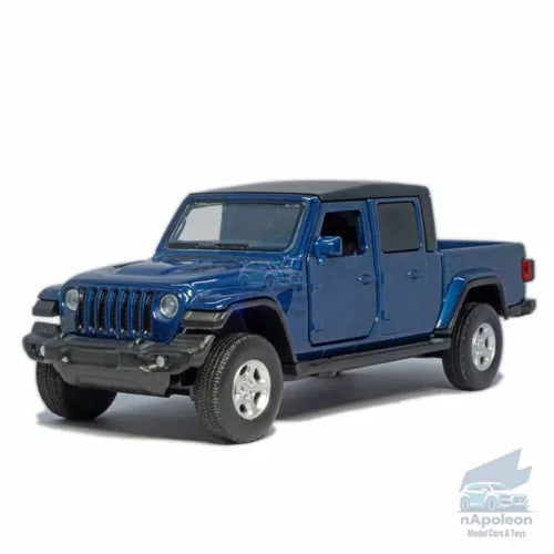 Blue Jeep Wrangler pickup diecast model car, 1:36 scale, four-door cab