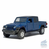 Blue Jeep Wrangler pickup diecast model car, 1:36 scale, four-door cab