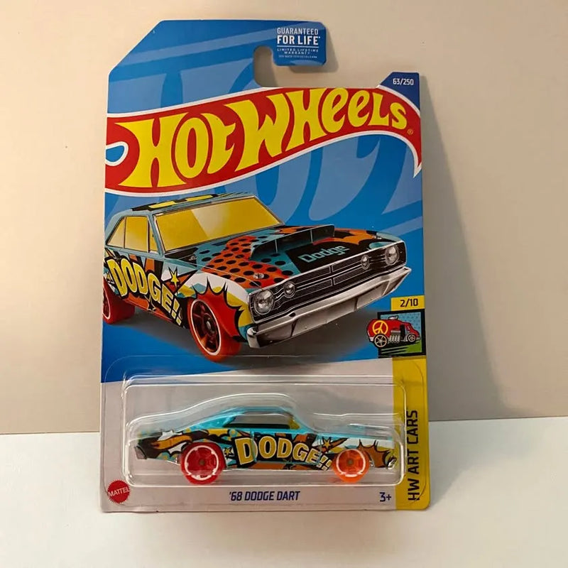 Hot Wheels diecast car in blister pack, decorated dark blue Dodge Dart with red wheels