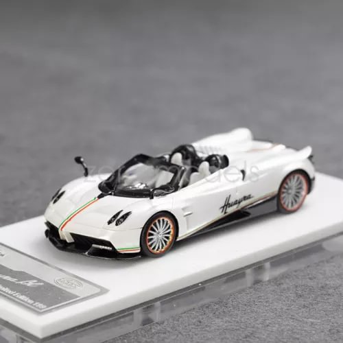 1:64 scale convertible sports car model, white with flame decals and Huayra logo