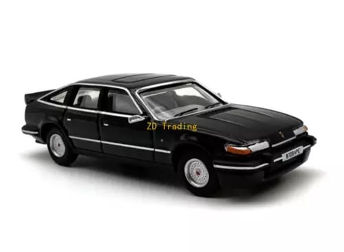 1:76 diecast metal Rover sports car, black with silver wheels, front three-quarter view
