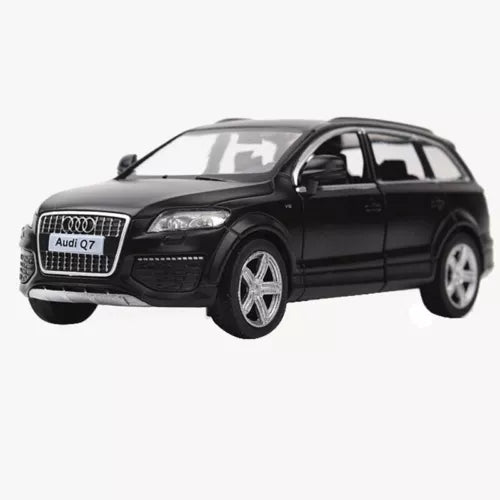 Black 1:36 scale Audi Q7 diecast SUV model car with white wheels