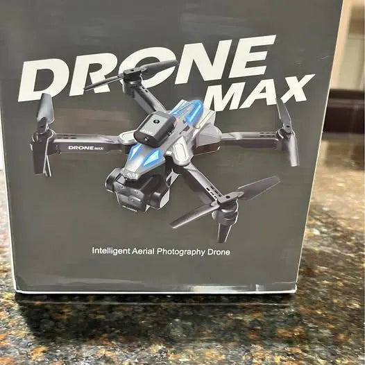Aerial photography drone retail box showing quadcopter with blue status lights.
