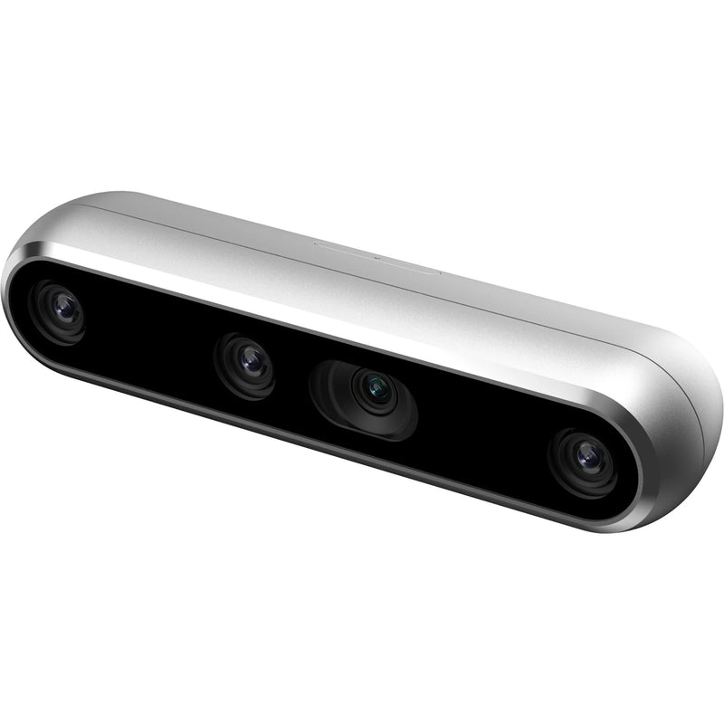 Intel RealSense D455 sensor bar with three lenses, silver and dark housing