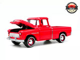 Red 1955 Chevy Cameo diecast pickup truck, 1:64 scale, front side view