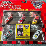1:144 diecast racing car set in clear blister pack, five numbered cars