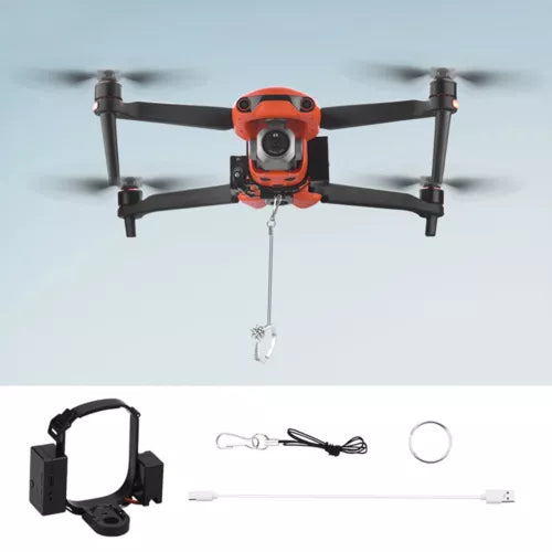 Drone airdrop device kit with orange controller, bracket, cable, and lanyard ring