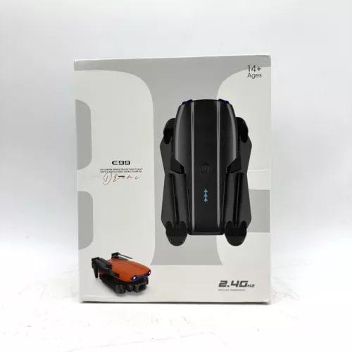 Black beginner camera drone in retail box with 2.4GHz label