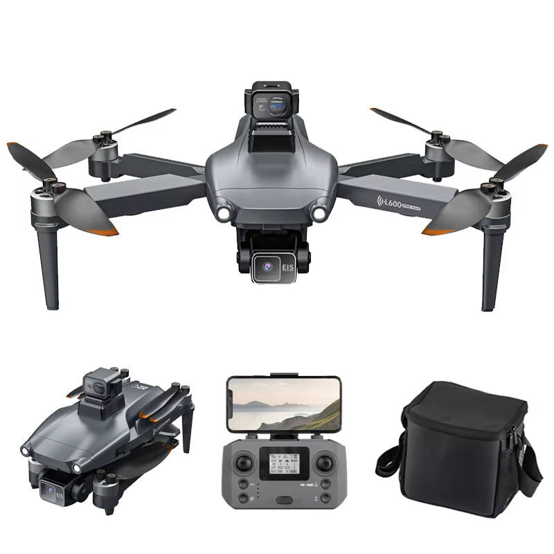 Foldable quadcopter drone, grey with four propellers; dual camera and controller shown