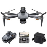 Foldable quadcopter drone, grey with four propellers; dual camera and controller shown