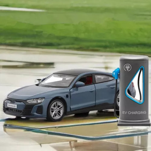 Diecast coupe car model in dark blue with EV charging display