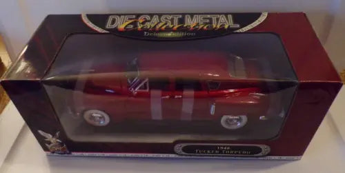 Diecast metal model car, red with white stripes, in display box