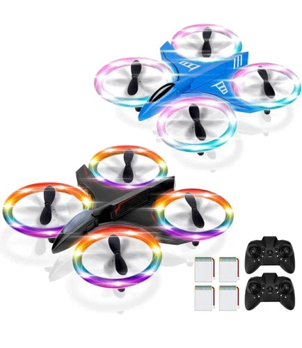 Mini quadcopter drone set with colorful LED ring lights, plus two game controllers
