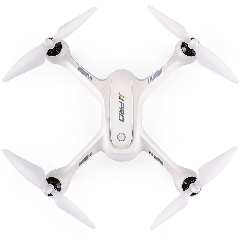 White quadcopter drone with four propellers and front camera housing