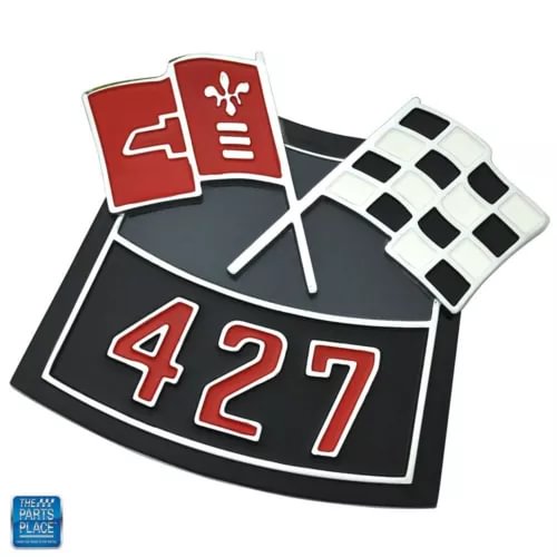 Diecast metal 427 air cleaner emblem with red logo, checkered flag, and number 427 plate