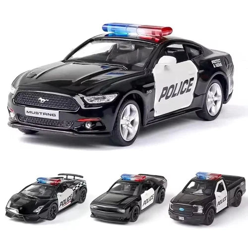 Police diecast alloy pull-back car model, black sedan with POLICE door and light bar