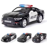 Police diecast alloy pull-back car model, black sedan with POLICE door and light bar