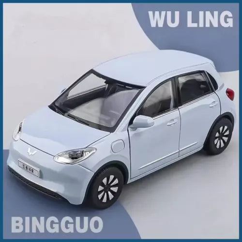 1:24 diecast mini car model, light blue, front-left view with black wheels