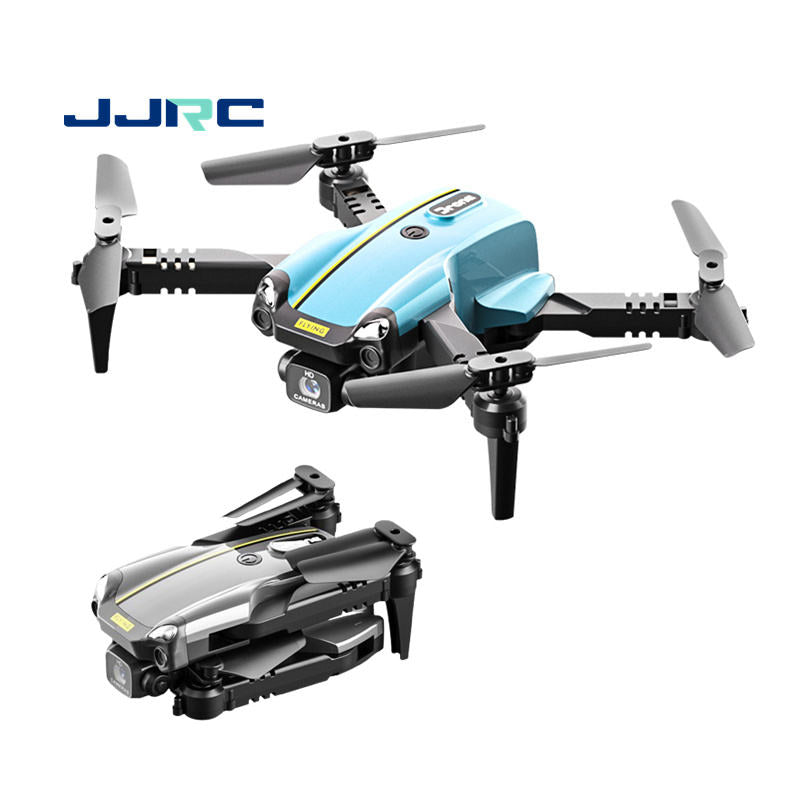Mini RC drone with teal body, four propellers and dual cameras