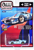 Light blue Ford GT40 diecast model car, number 1, 1:64 scale, front 3/4 view in blister