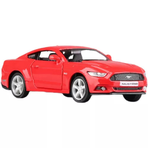 Red 1:36 diecast Ford Mustang model car, front 3/4 view, detailed grille and headlights