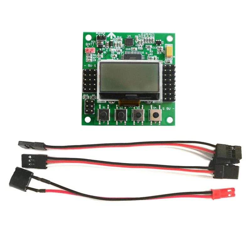 Multirotor flight control board with LCD screen, green PCB, and wiring harness