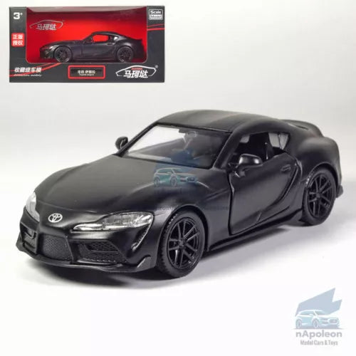Matte black 1:36 alloy diecast toy sports car, front 3/4 view with detailed wheels