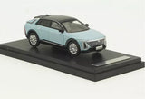 Cadillac LYRIQ 2022 diecast SUV model, teal, front three-quarter on display base