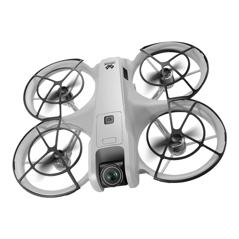 Small mini quadcopter drone with four rotors and front camera, white