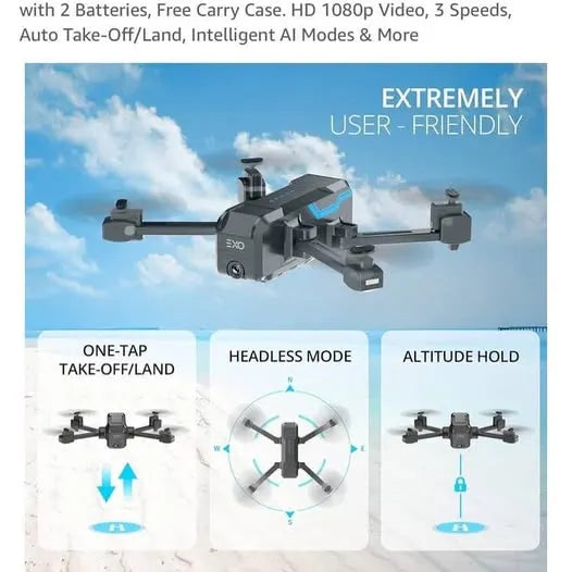 Compact black quadcopter drone with four arms and camera; headless and altitude-hold icons