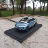 Blue diecast concept car model with display base, detailed body and wheels