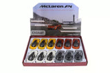 Box of 12 1:36 scale diecast cars, with red and gray models in display tray