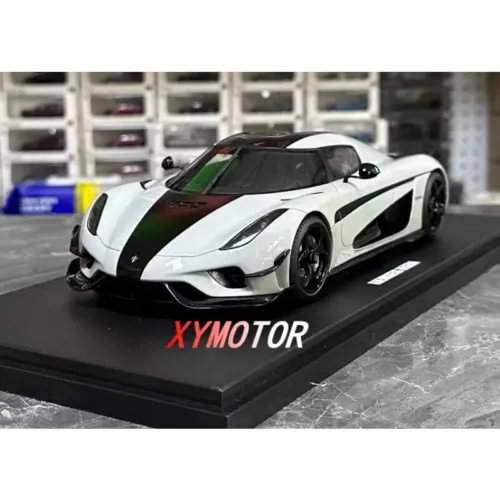 1:18 resin diecast sports car model, white with green racing stripe and front grille detail