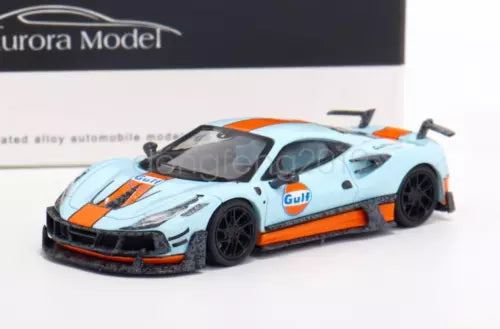 1:64 diecast sports car in blue with orange stripes, Gulf logo, front 3/4 view