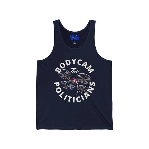 Unisex jersey tank top, dark navy, front graphic text 'BODYCAM The Politicians'