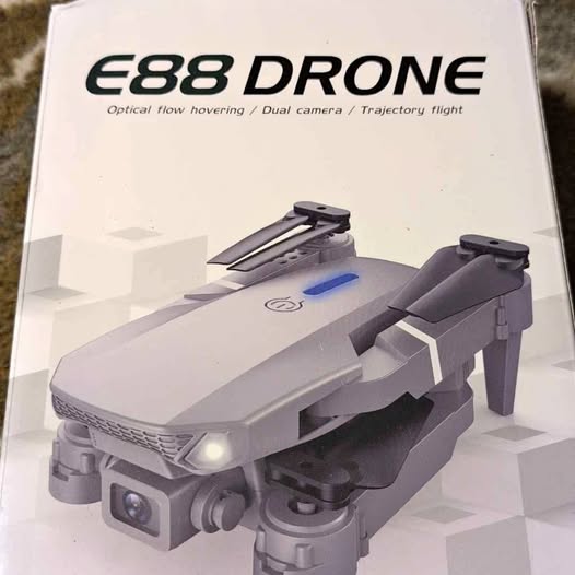 Drone E88 DRONE in retail box, gray quadcopter with dual cameras and front light