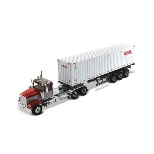 Die-cast tractor truck model with OOCL container, red cab and gray trailer.