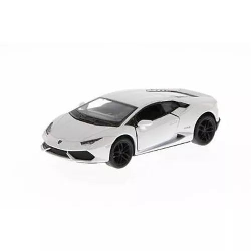White Lamborghini Huracan diecast model car with black wheels, front 3/4 view