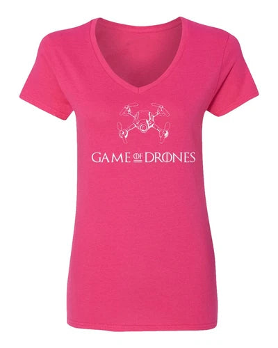 Ladies pink V-neck T-shirt with drone graphic and 'GAME OF DRONES' text
