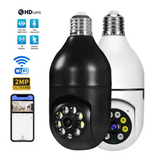 360-degree PTZ bulb camera, black and white, with front lens and LED array