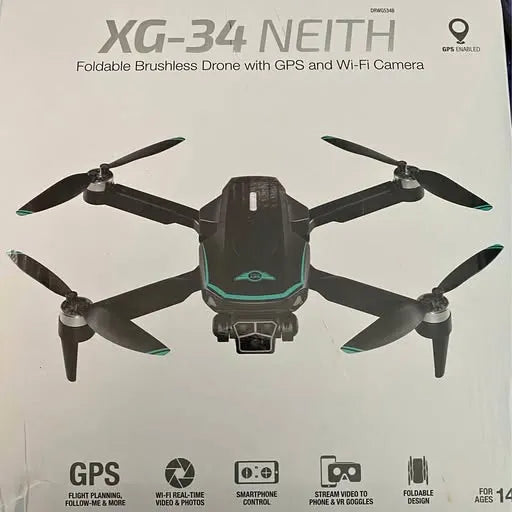 Black quadcopter drone with teal accents, four propellers and front camera