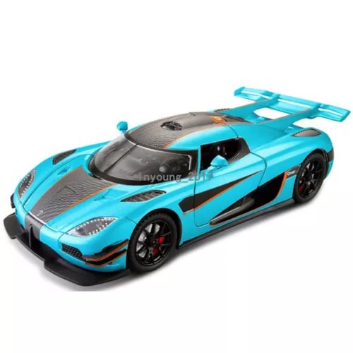 1:24 scale turquoise diecast model car with black hood and front splitter