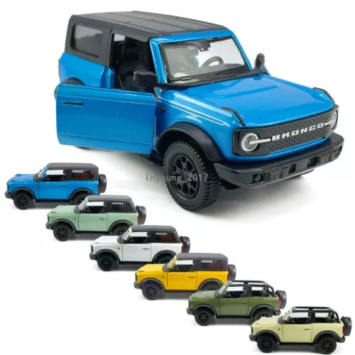 Ford Bronco diecast model car, blue, pull-back toy with detailed wheels.