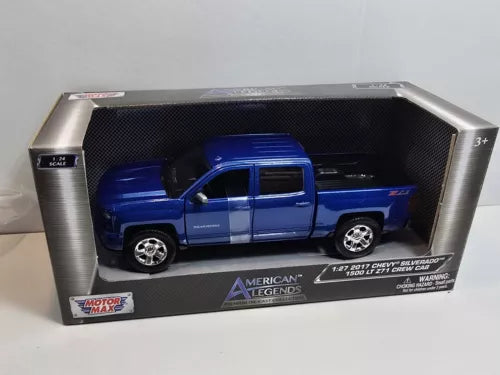 Blue 1:27 scale diecast pickup truck with crew cab and chrome wheels, in display box